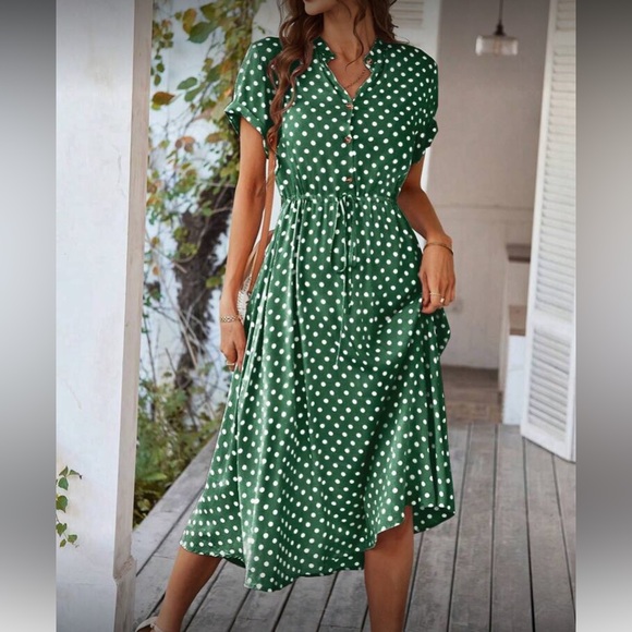 Green Polka Dot Midi Dress - Picture 1 of 7